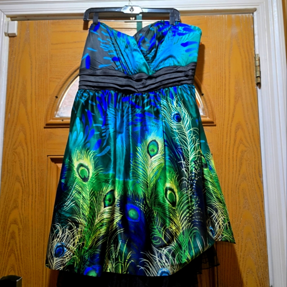 Peacock Feather Strapless Dress